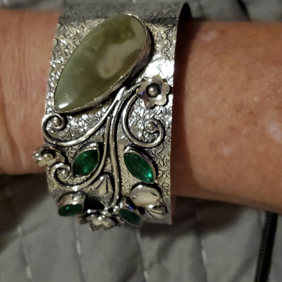 New Unique Jasper and Green Quartz Adjustable Cuff 925 Silver Bracelet. - Picture 8 of 9